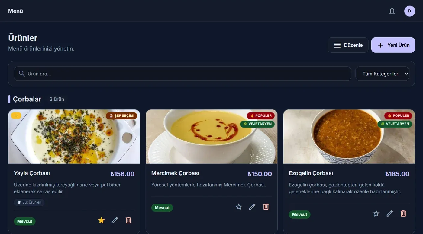 QR Menu Pro ürün yönetimi ekranı