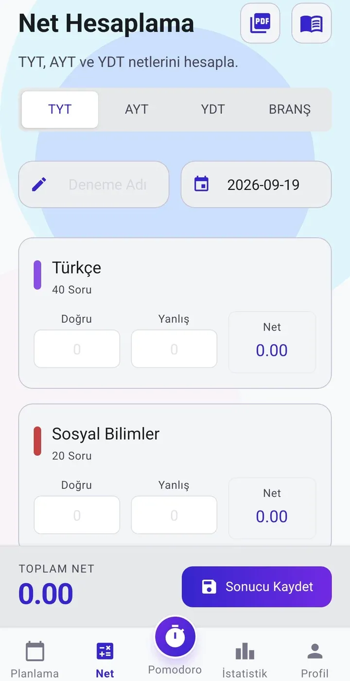 YKS Koçum TYT net hesaplama ekranı