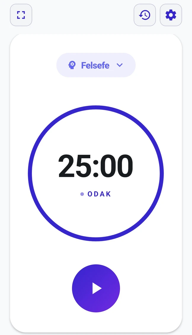 Felsefe dersi seçili 25 dakikalık Pomodoro ekranı