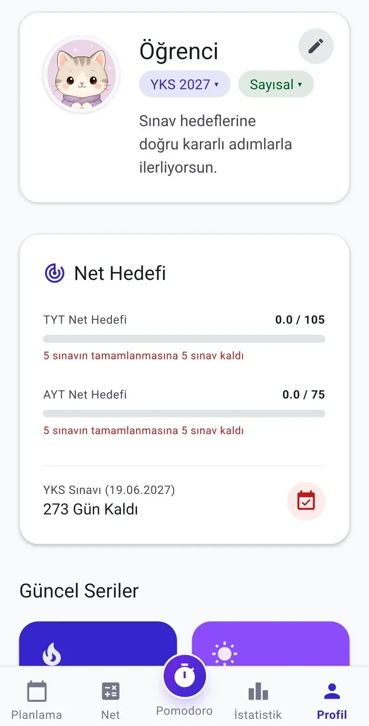 YKS Koçum hedefler ve sınava geri sayım ekranı